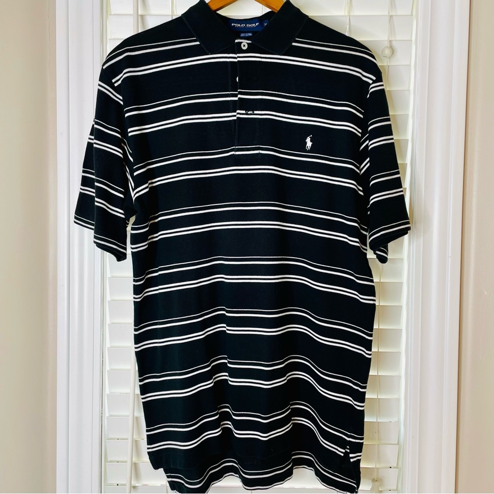 POLO GOLF RALPH LAUREN MENS SIZE MEDIUM COTTON BLACK & WHITE STRIPED GREAT